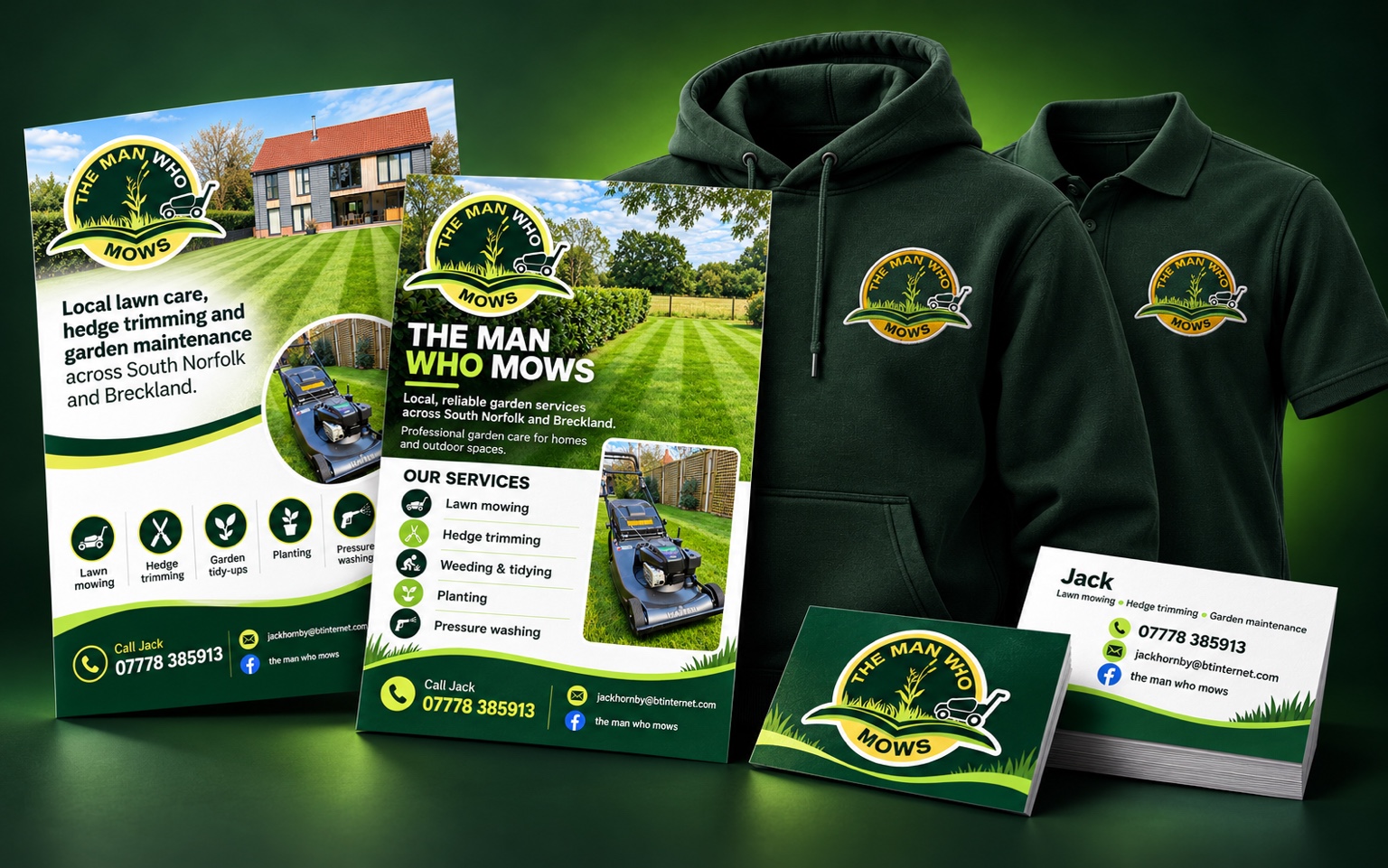 Approved The Man Who Mows identity, flyers, business cards and embroidered hoodie and polo presentation