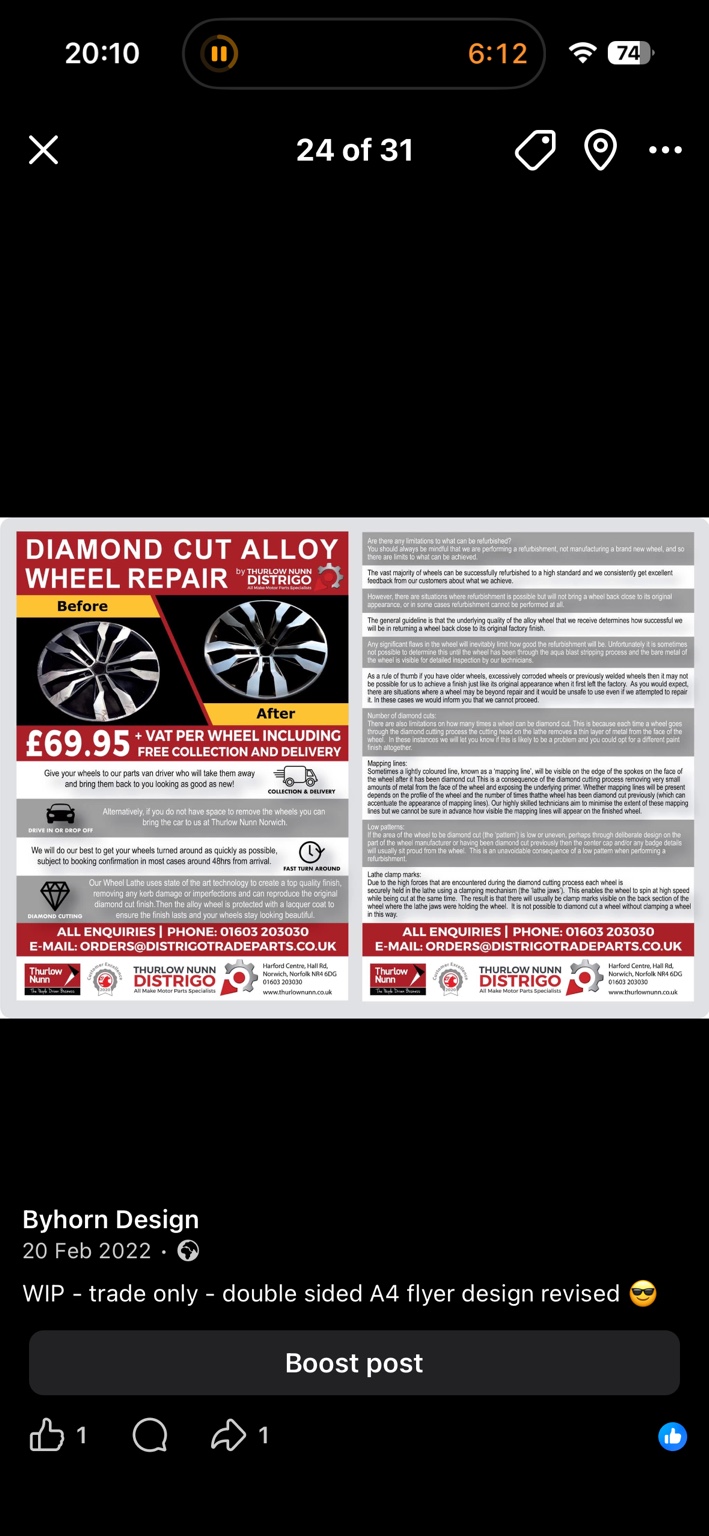 Red, white and grey Thurlow Nunn Distrigo alloy wheel repair flyer layout