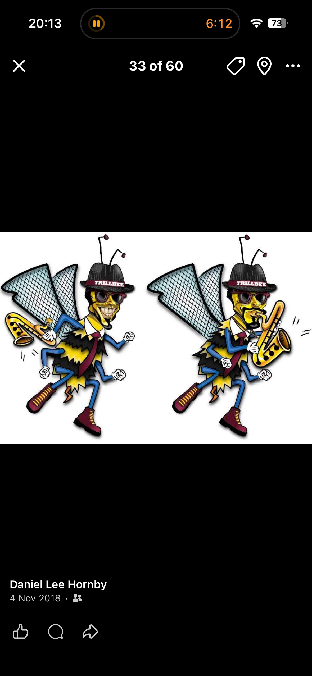 Two Trillbee bee characters wearing hats and sunglasses and carrying a saxophone